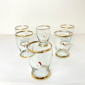 Vintage Enamelled Rooster Cordial Shot Glasses Gold Banding Barware Set of Six